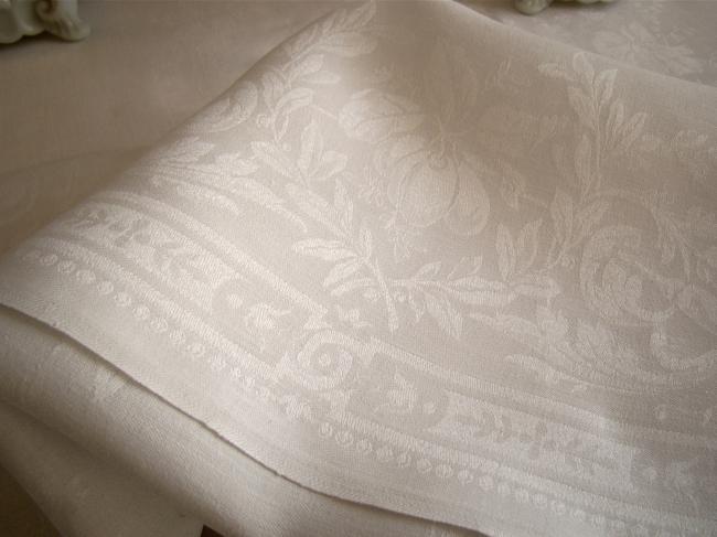 Belle nappe et ses 6 serviettes, damas de lin et soie, feuille d'acanthe & vigne