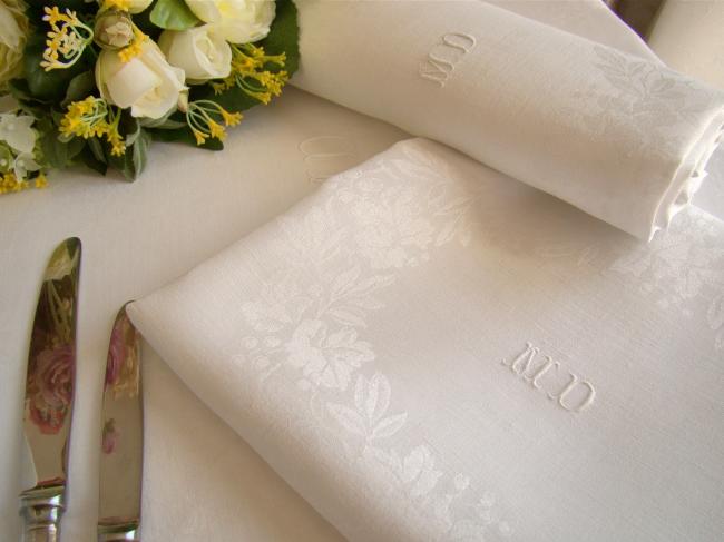 Belle nappe et ses 6 serviettes, damas de lin et soie, feuille d'acanthe & vigne