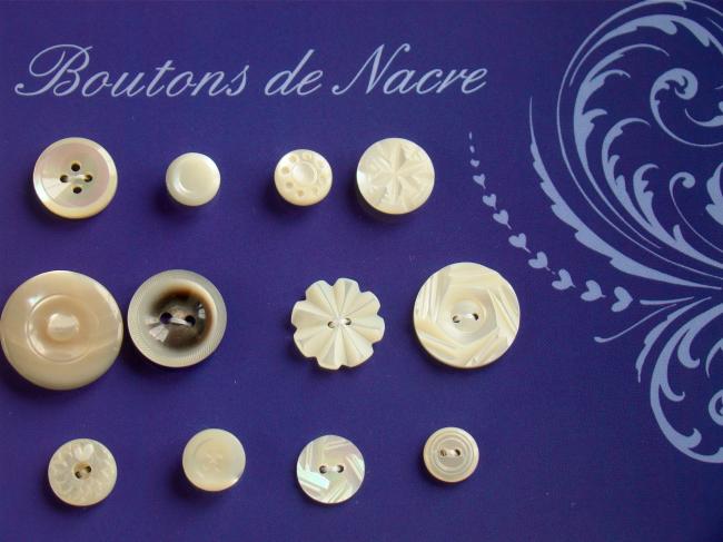 Jolie collection de 12  boutons anciens en nacre blanche 1900-20