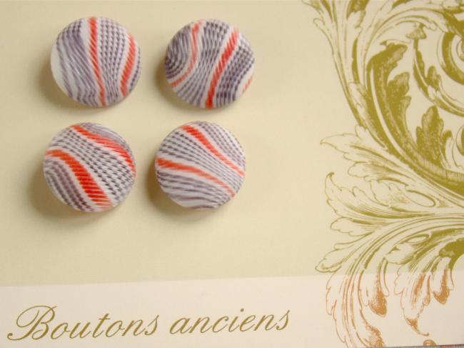 Adorable carte de 4 boutons anciens en verre strié, bleu-blanc-rouge Ø 22mm