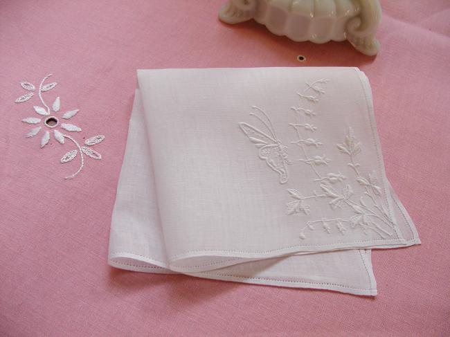 Superb handkerchief in batiste of linen with handmade butterfly & lily of valley