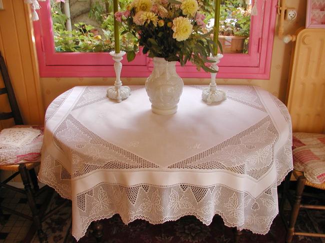 Striking tablecloth with inserts and crochet lace with lots of butterflies 1900