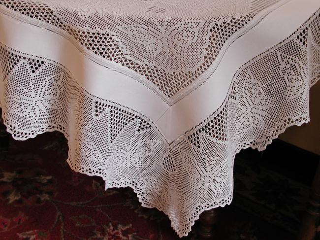 Striking tablecloth with inserts and crochet lace with lots of butterflies 1900