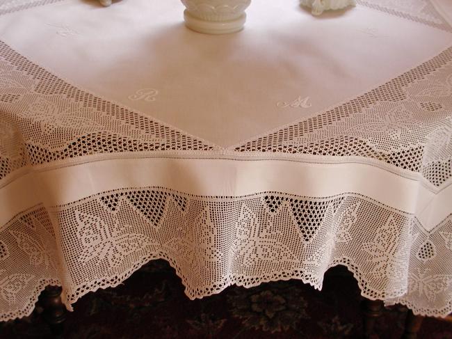 Striking tablecloth with inserts and crochet lace with lots of butterflies 1900