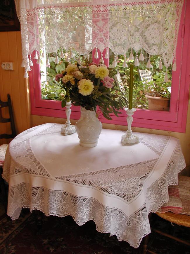 Striking tablecloth with inserts and crochet lace with lots of butterflies 1900