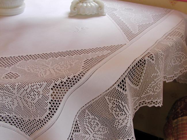 Striking tablecloth with inserts and crochet lace with lots of butterflies 1900