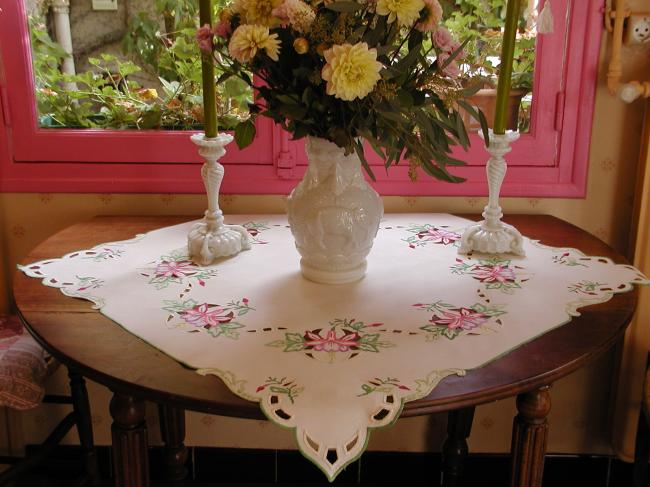 Breathtaking tablecloth with rich coloured embroidered fushia