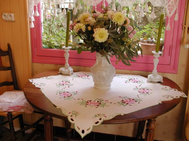 Breathtaking tablecloth with rich coloured embroidered fushia