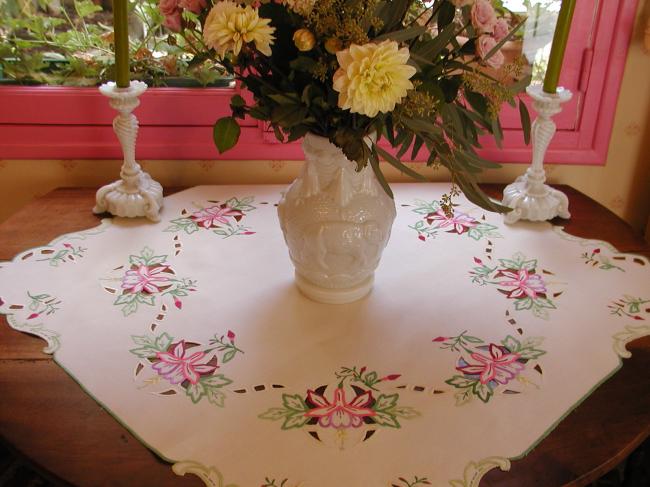 Breathtaking tablecloth with rich coloured embroidered fushia