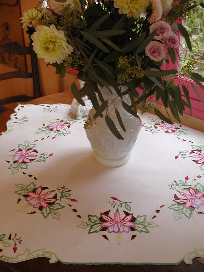 Breathtaking tablecloth with rich coloured embroidered fushia