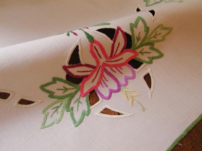 Breathtaking tablecloth with rich coloured embroidered fushia