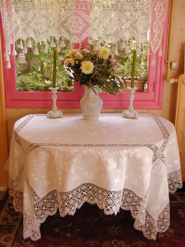 Wonderful and rich embroidered tablecloth with large insert of Cluny lace 1893