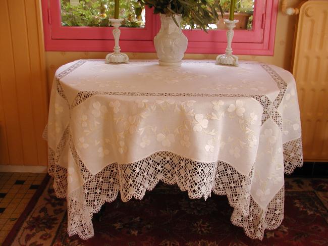 Wonderful and rich embroidered tablecloth with large insert of Cluny lace 1893