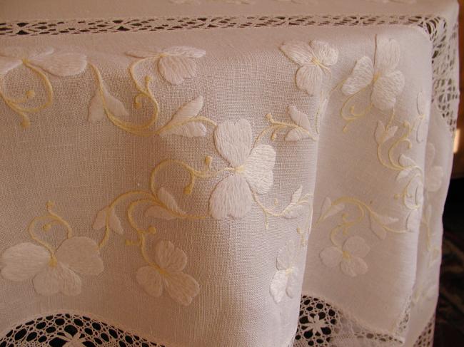 Wonderful and rich embroidered tablecloth with large insert of Cluny lace 1893