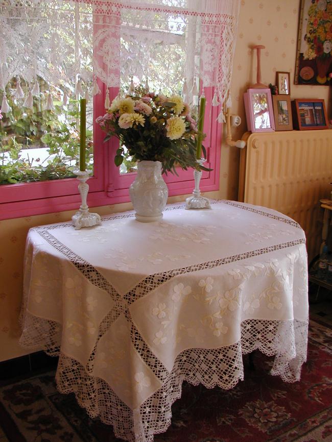 Wonderful and rich embroidered tablecloth with large insert of Cluny lace 1893