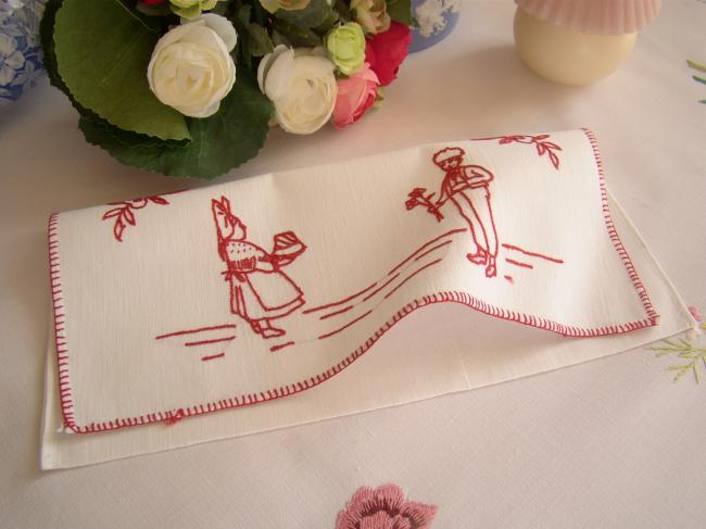 Charmante pochette range-serviette brodé d'un couple alsacien, broderie rouge