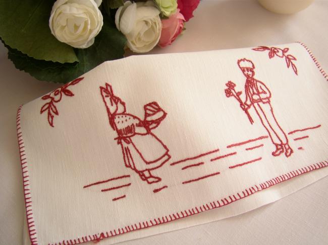 Charmante pochette range-serviette brodé d'un couple alsacien, broderie rouge