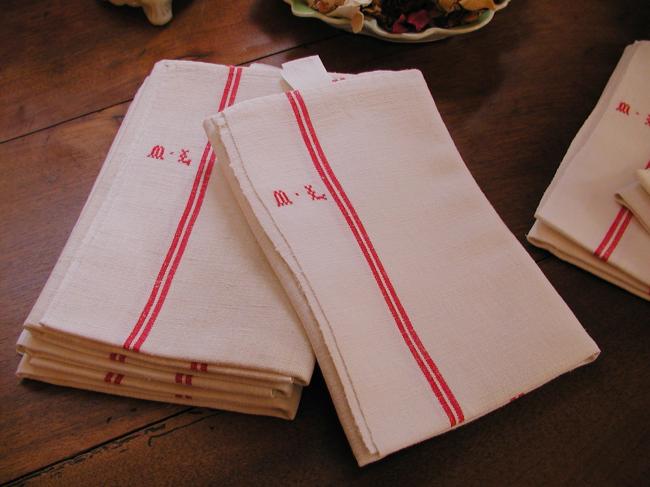 Set of 6 french tea towels (torchons) in linen with  red monogram ML