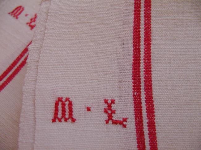 Set of 6 french tea towels (torchons) in linen with  red monogram ML