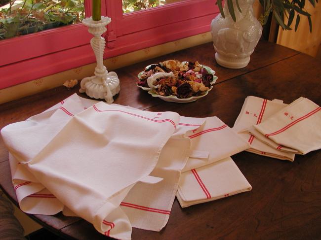 Set of 6 french tea towels (torchons) in linen with  red monogram ML