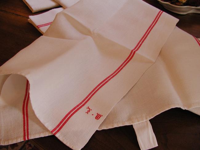 Set of 6 french tea towels (torchons) in linen with  red monogram ML