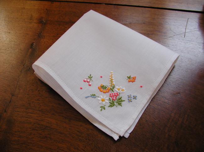 Lovely  flowers embroidered handkerchief in cambric linen