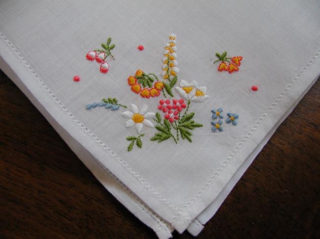 Lovely  flowers embroidered handkerchief in cambric linen