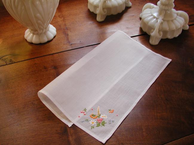 Lovely  flowers embroidered handkerchief in cambric linen