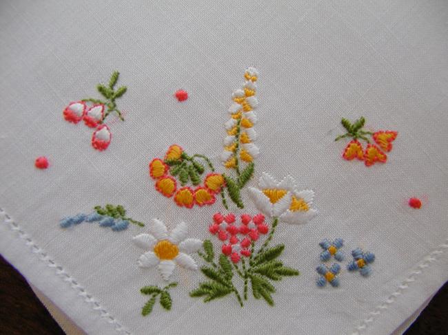 Lovely  flowers embroidered handkerchief in cambric linen