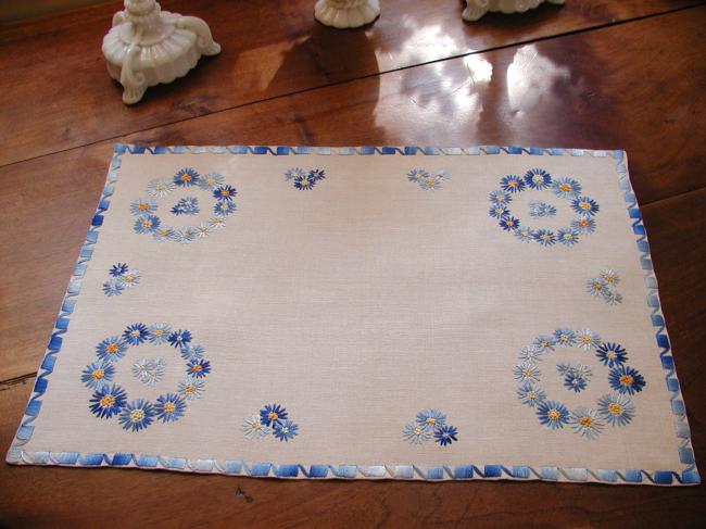 Very pretty table centre or tray cloth with hand-embroidered crowns of flowers