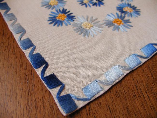 Very pretty table centre or tray cloth with hand-embroidered crowns of flowers