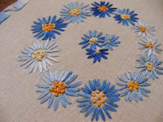 Very pretty table centre or tray cloth with hand-embroidered crowns of flowers