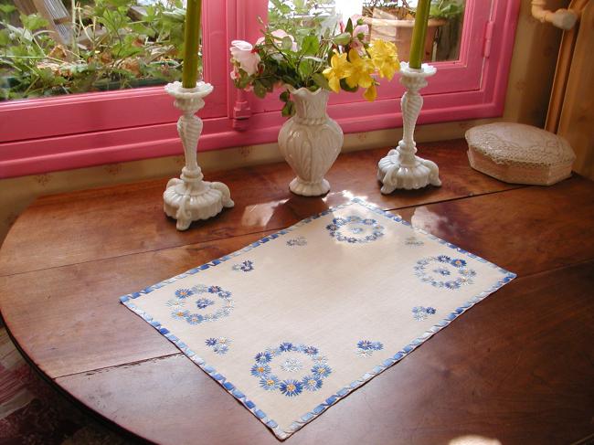 Very pretty table centre or tray cloth with hand-embroidered crowns of flowers