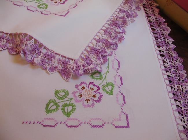 Really adorable tablecloth with hand-embroidered violets and mauve crochet lace