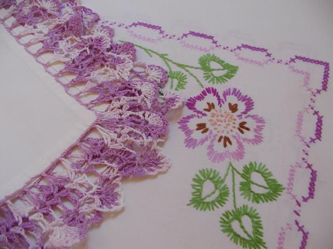 Really adorable tablecloth with hand-embroidered violets and mauve crochet lace