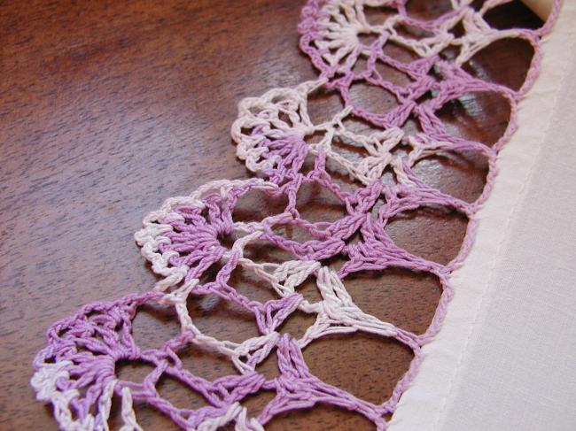 Really adorable tablecloth with hand-embroidered violets and mauve crochet lace