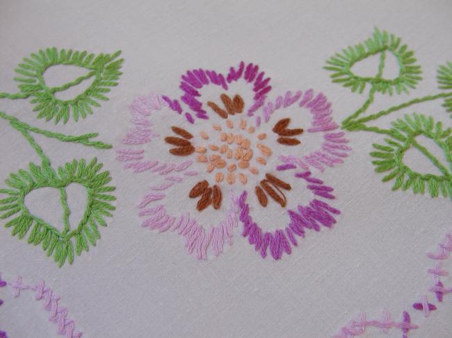 Really adorable tablecloth with hand-embroidered violets and mauve crochet lace