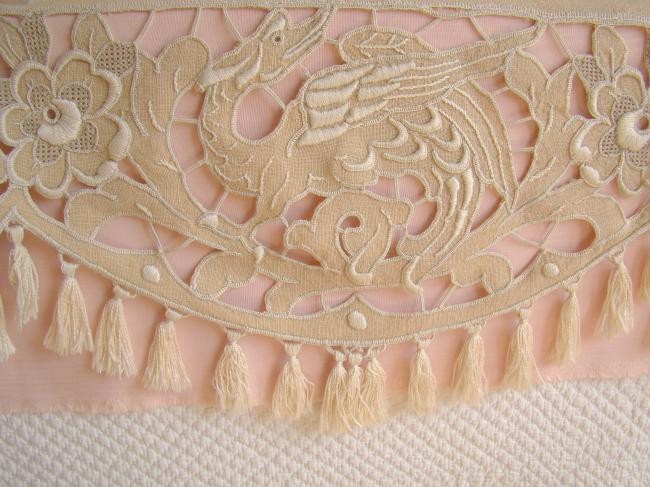Beautiful pelmet in hemp and linon with white Richelieu embroidery 1920