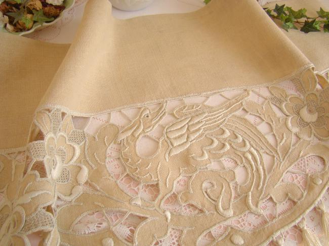 Beautiful pelmet in hemp and linon with white Richelieu embroidery 1920