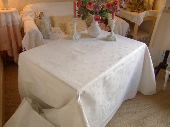 Somptueuse nappe de Banquet, décor acanthe & aigle royal,damas de lin, 5,55m x2m