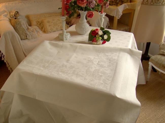 Somptueuse nappe de Banquet, décor acanthe & aigle royal,damas de lin, 5,55m x2m