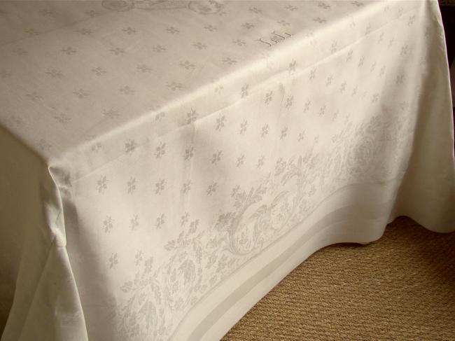 Somptueuse nappe de Banquet, décor acanthe & aigle royal,damas de lin, 5,55m x2m