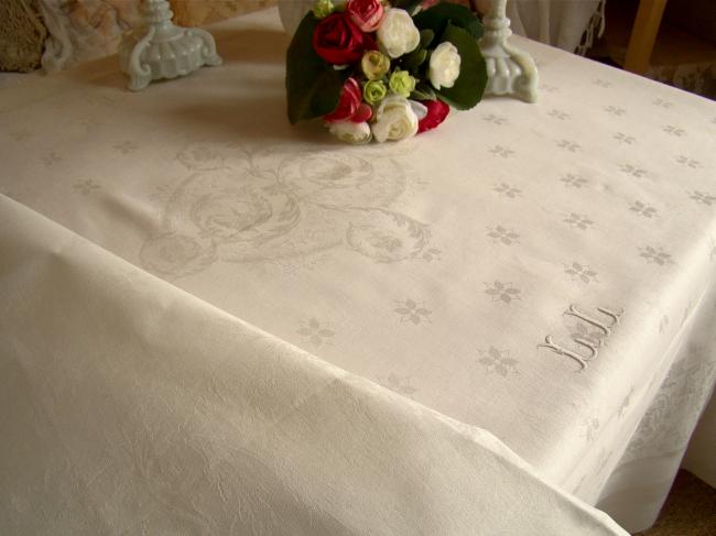 Somptueuse nappe de Banquet, décor acanthe & aigle royal,damas de lin, 5,55m x2m