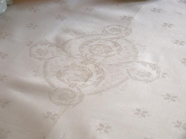 Somptueuse nappe de Banquet, décor acanthe & aigle royal,damas de lin, 5,55m x2m