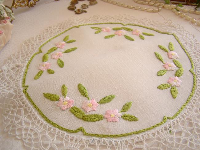 So romantic round table centre or doily withhand-embroired pink roses.