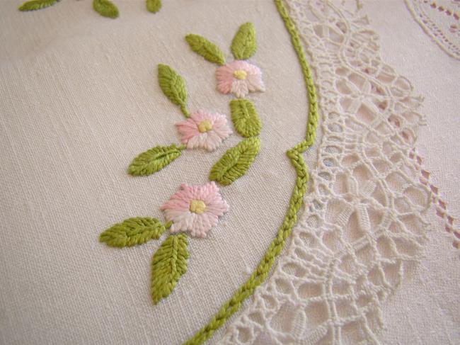 So romantic round table centre or doily withhand-embroired pink roses.