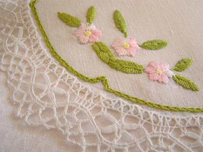 So romantic round table centre or doily withhand-embroired pink roses.