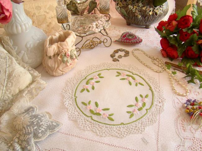 So romantic round table centre or doily withhand-embroired pink roses.