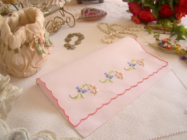 Lovely pink small napkin pouch with hand-embroidered flowers