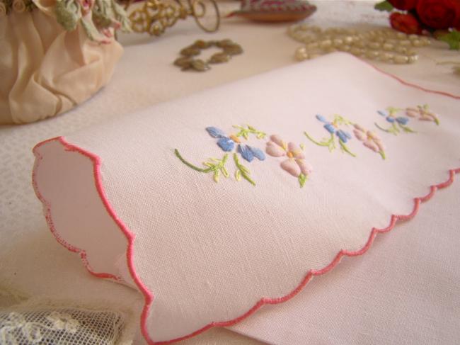 Lovely pink small napkin pouch with hand-embroidered flowers